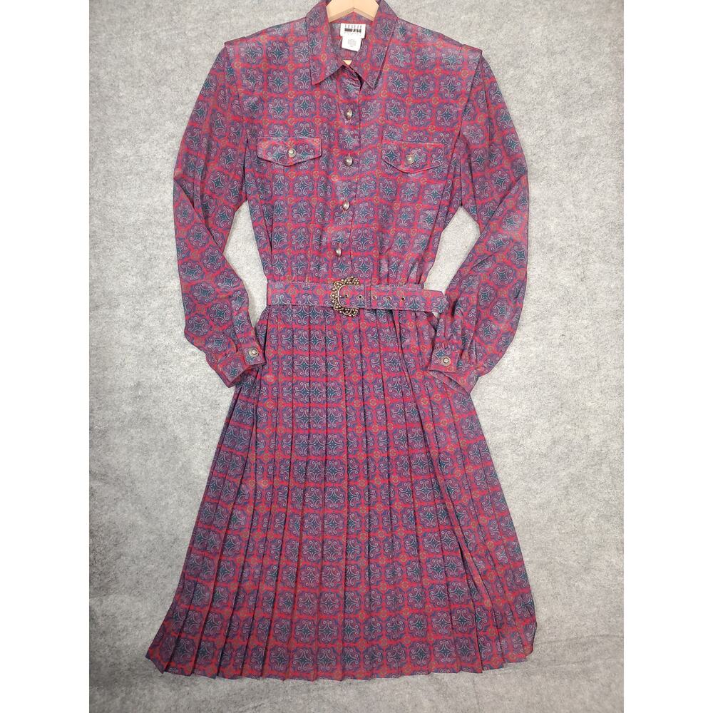 VTG Leslie Fay Women's 16P Red Blue LS Belted Button Front Pleated Dress